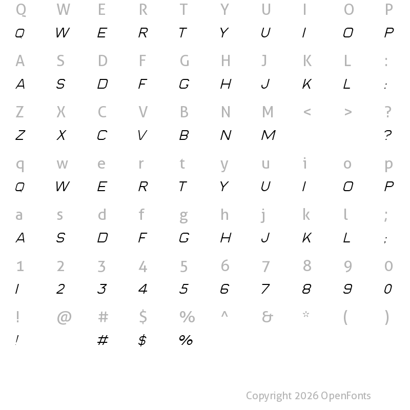Character Map of Qurany Light Italic