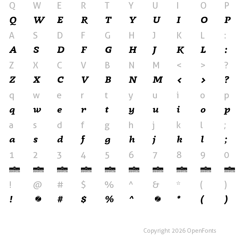 Character Map of Radcliffe Display Bold Italic