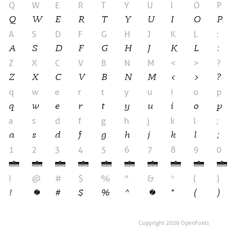 Character Map of Radcliffe Display Book Italic