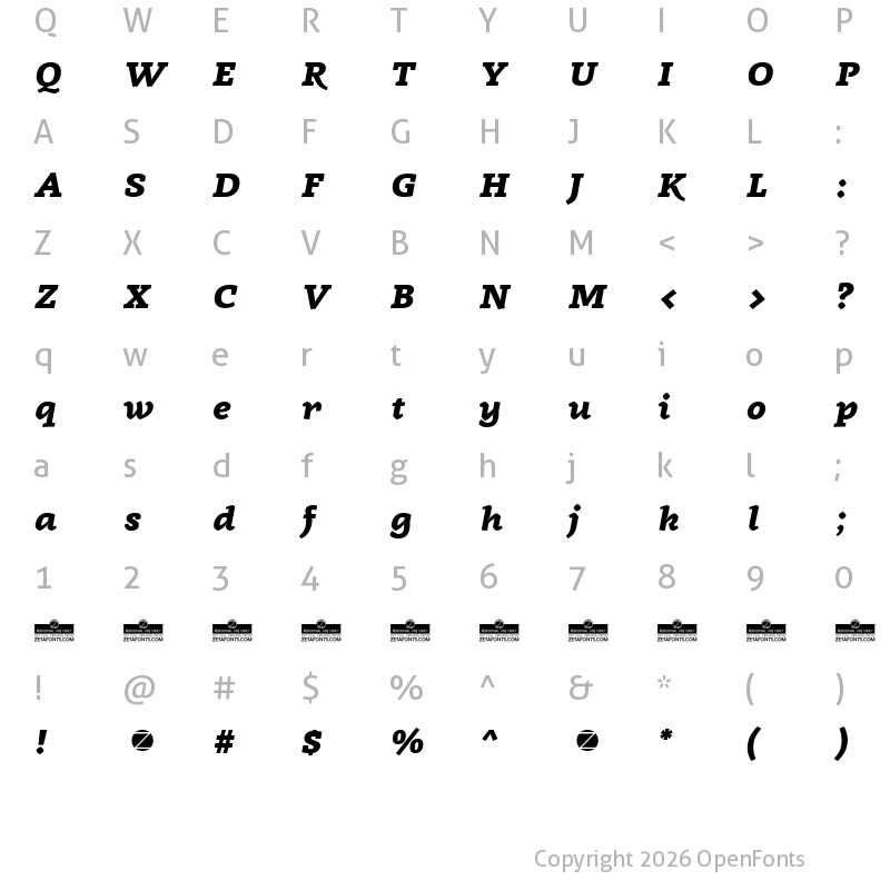 Character Map of Radcliffe Display ExtraBold Italic