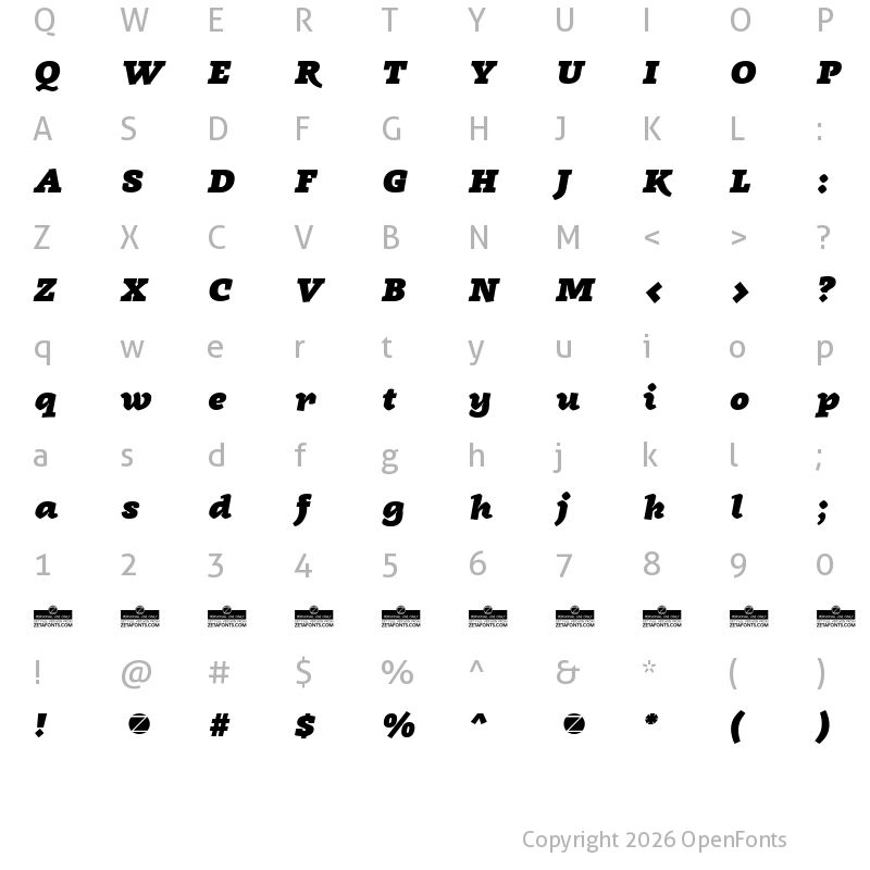 Character Map of Radcliffe Display Heavy Italic