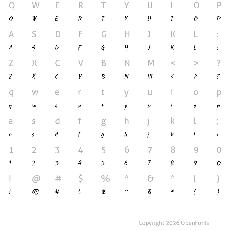 Character Map of RagingRedLotus BB Italic