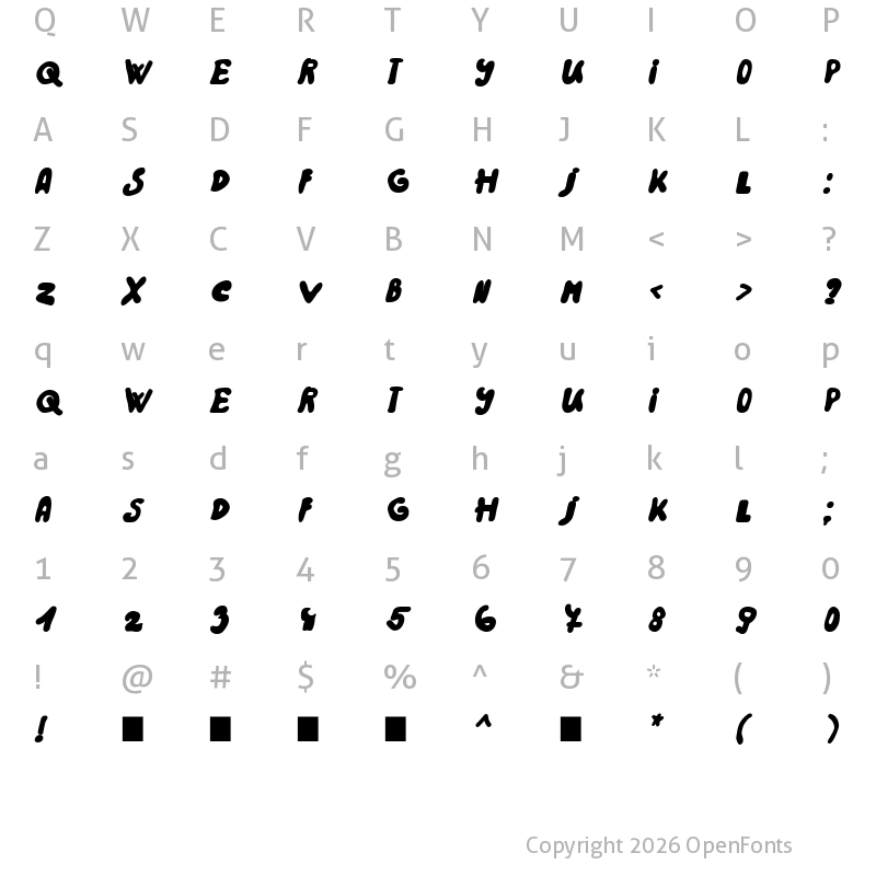 Character Map of Rainbow 2000 Bold Italic