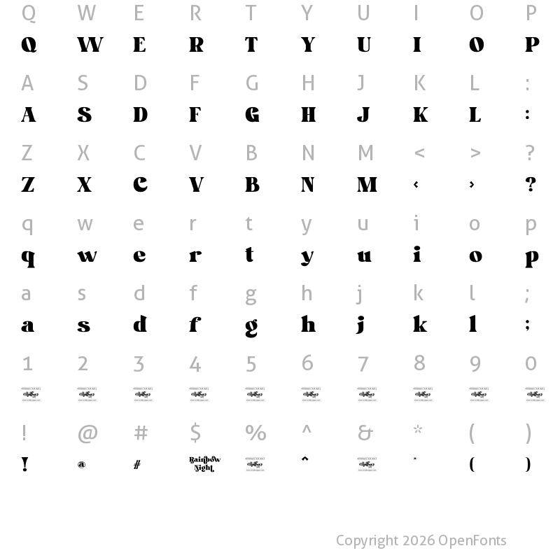 Character Map of Rainbow Night Personal Use Regular