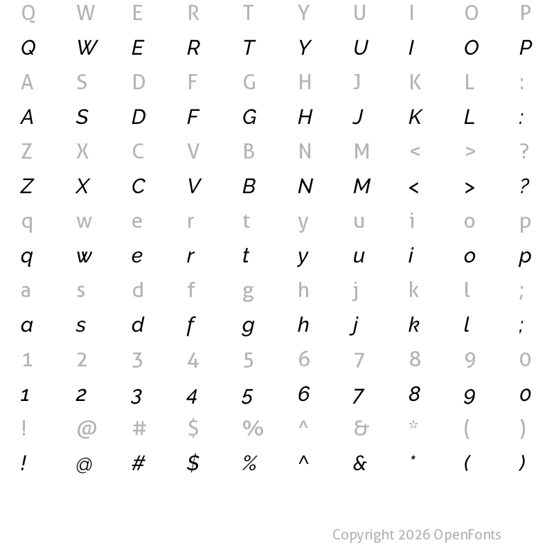 Character Map of Raleway Medium Italic