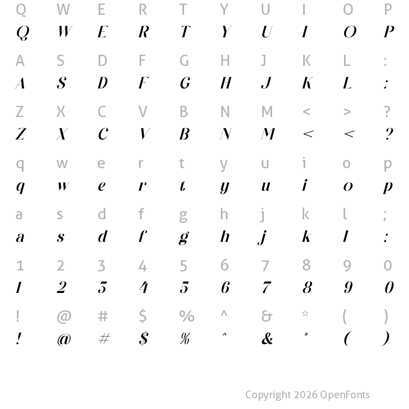 Character Map of Raligosh Mendophelia Serif Italic