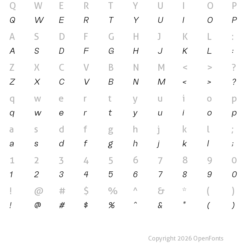 Character Map of Random Grotesque Standard Book StandardBookItalic