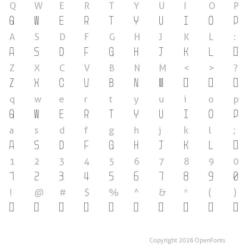 Character Map of Rasterquan Condensed Thin