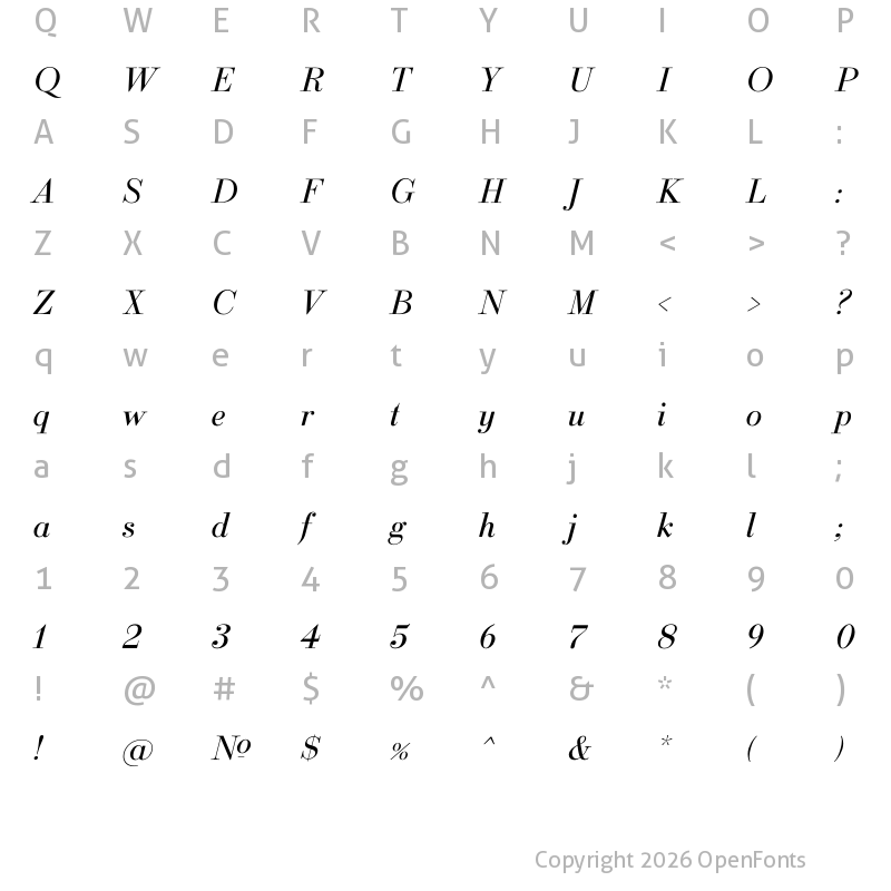 Character Map of Ratio Modern Italic