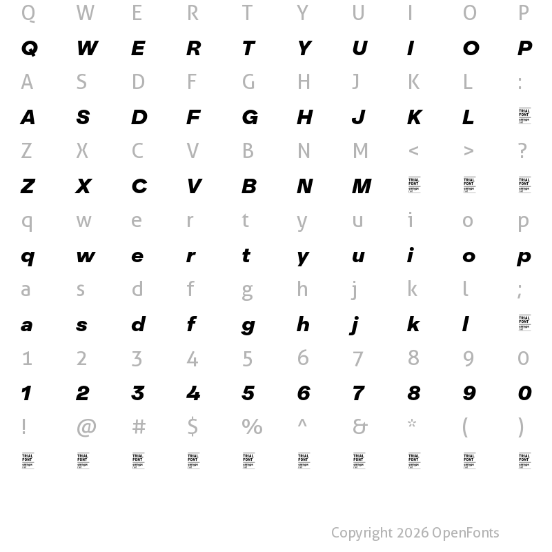 Character Map of Realgar TRIAL ExtraBold Italic