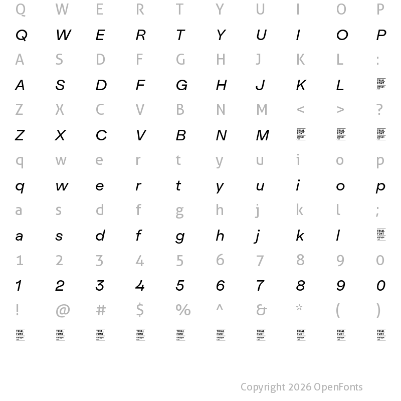 Character Map of Realgar TRIAL Regular Italic