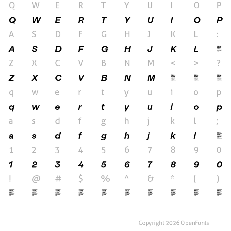 Character Map of Realgar TRIAL SemiBold Italic