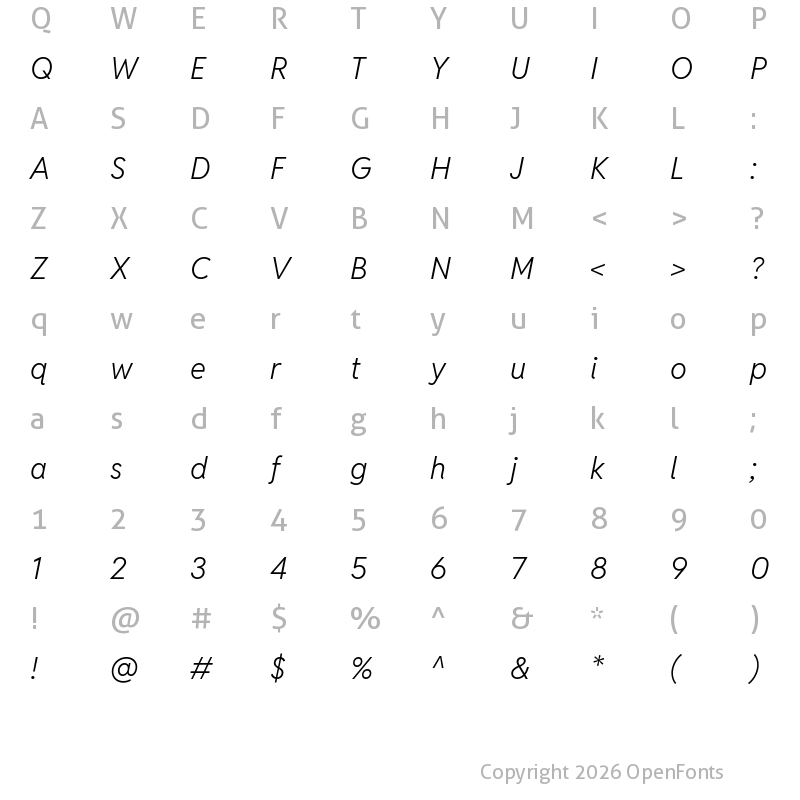 Character Map of Reddit Sans Vanilla Light Italic