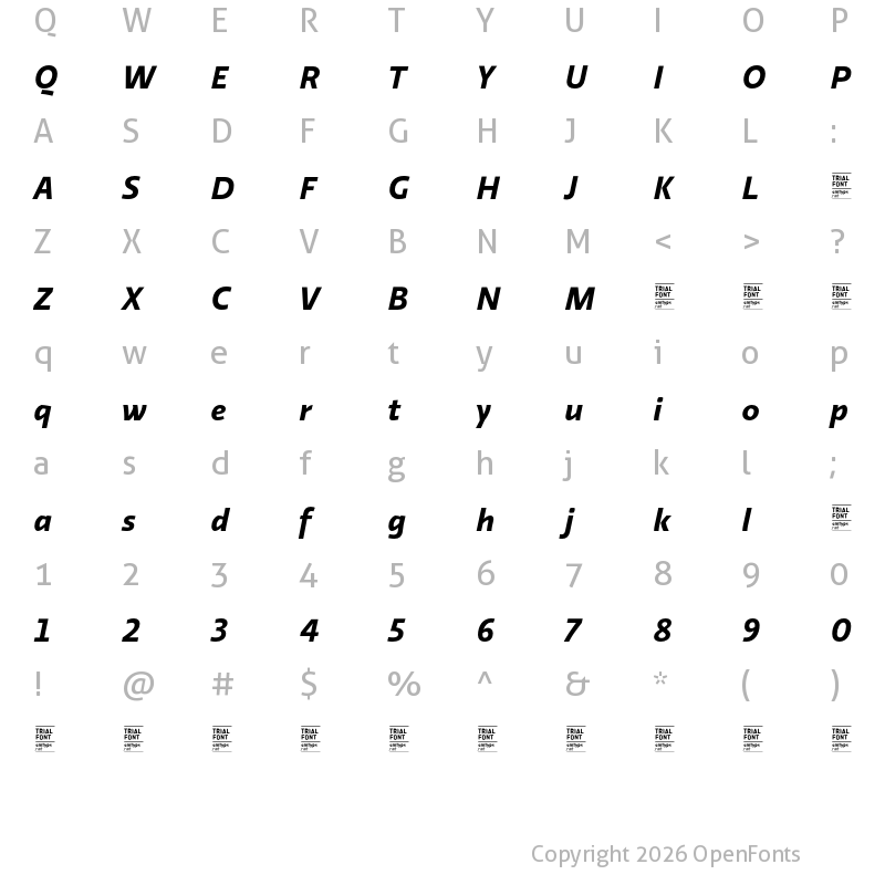 Character Map of Relato Sans TRIAL Bold Italic
