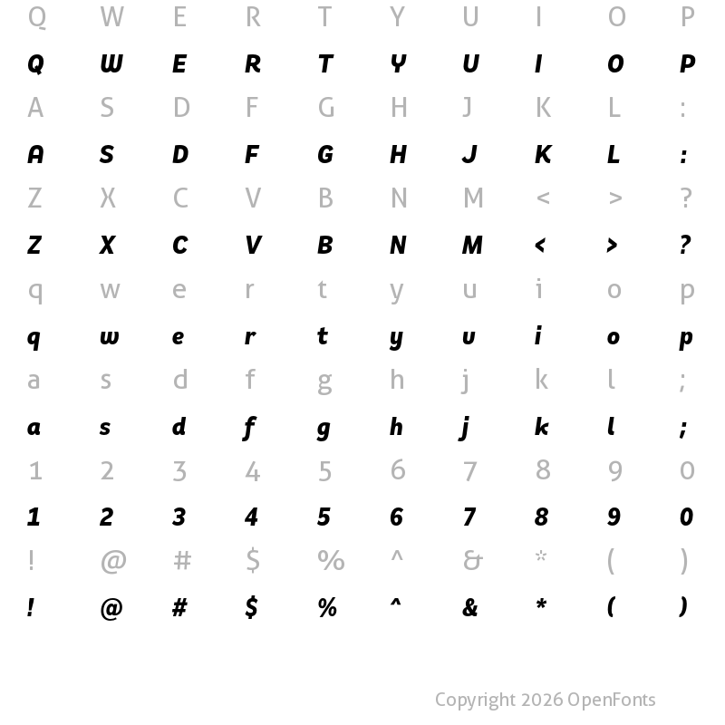 Character Map of Remora Sans W1 Bold Italic