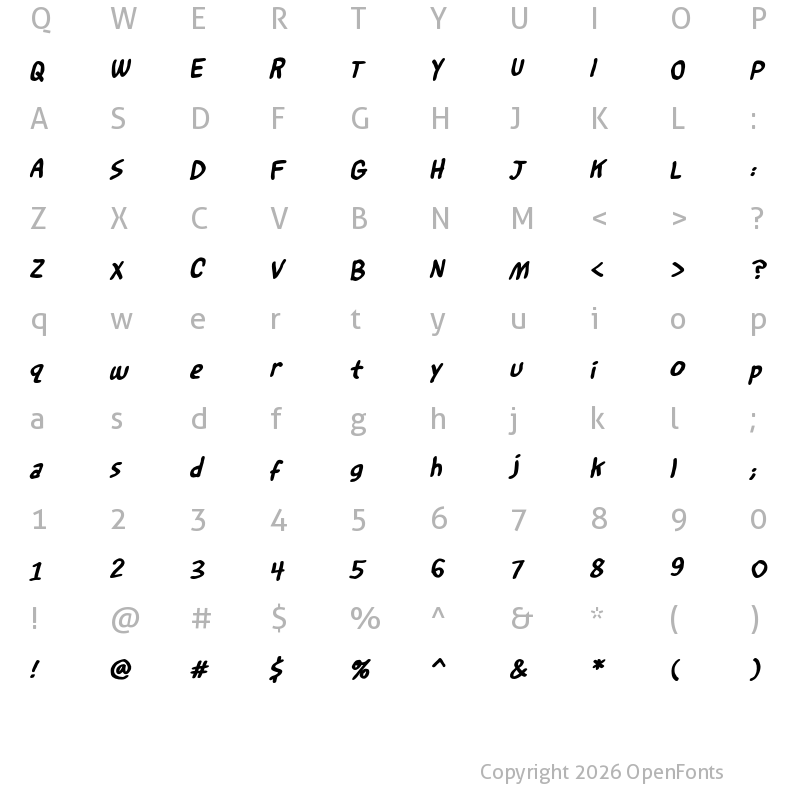 Character Map of Restless Soul BB Bold Italic