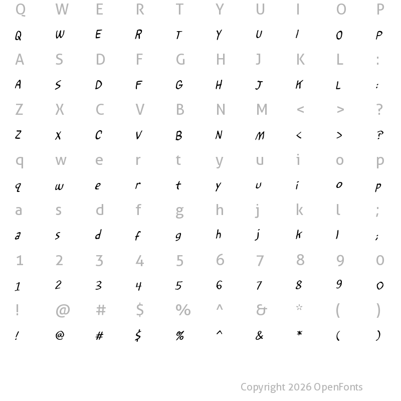 Character Map of Restless Soul BB Italic