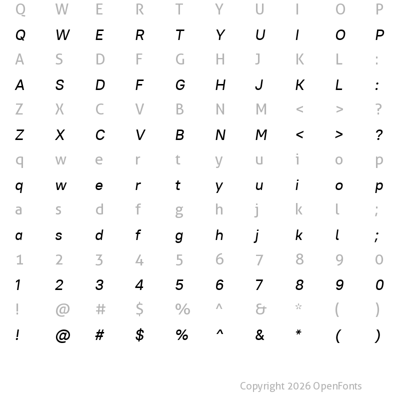 Character Map of Retni Sans Medium Italic