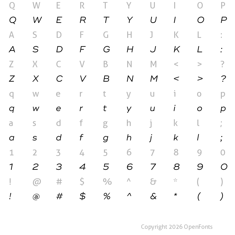 Character Map of Ridley Grotesk Italic