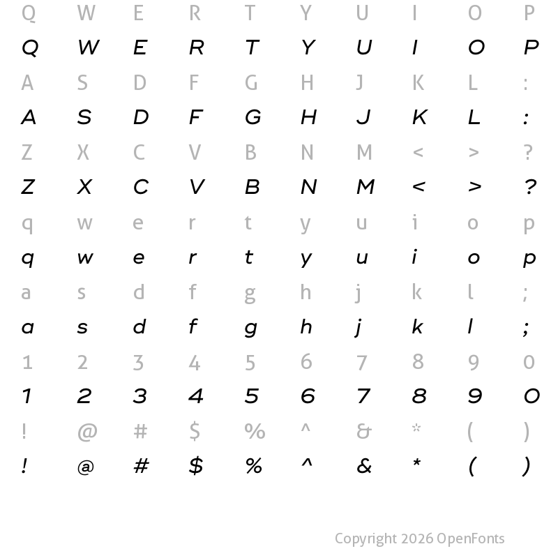 Character Map of Ridley Grotesk Medium Italic