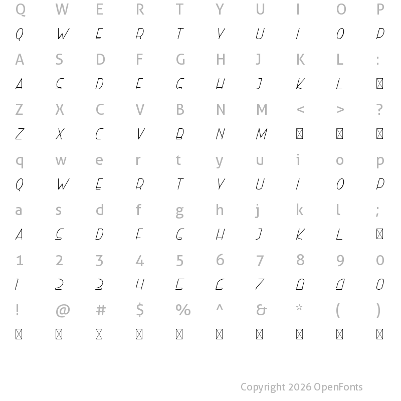 Character Map of Right Hand Light Italic