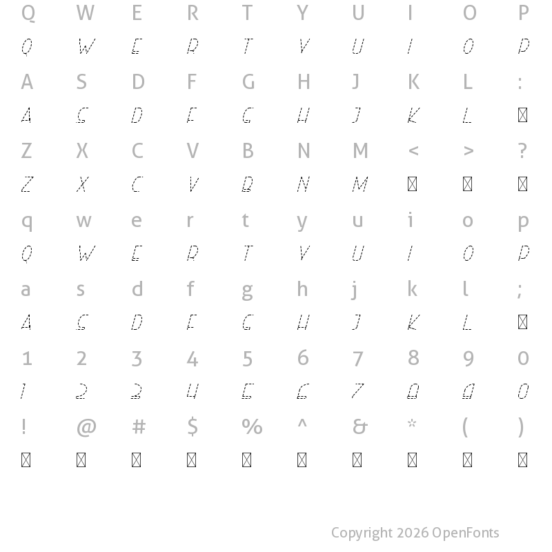 Character Map of Right Hand Light Italic Dash