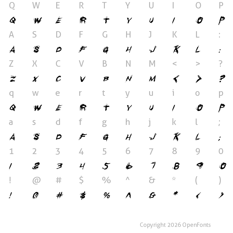 Character Map of Righteous Kill Italic Italic