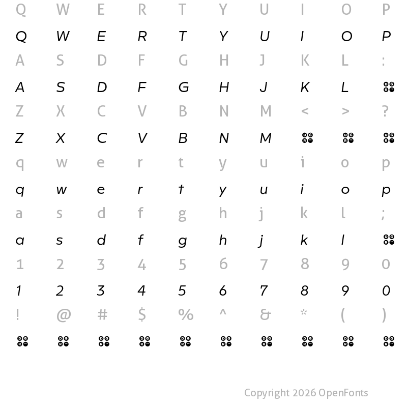 Character Map of Rileno Sans Regular Italic