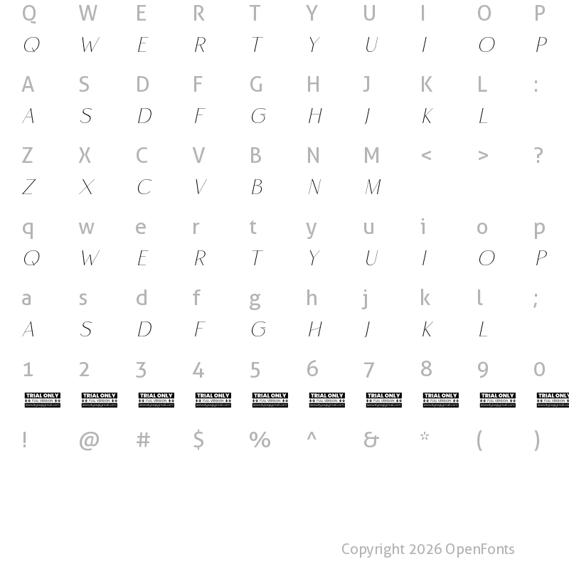 Character Map of Rise of Beauty Demo Extra Light Italic