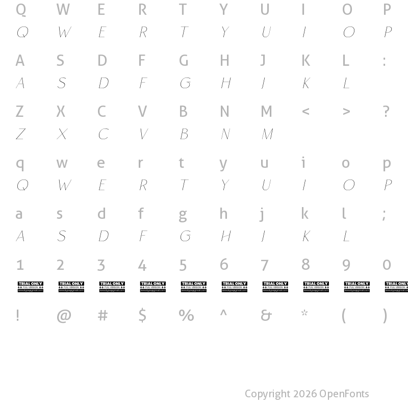 Character Map of Rise of Beauty Demo Hairline Italic