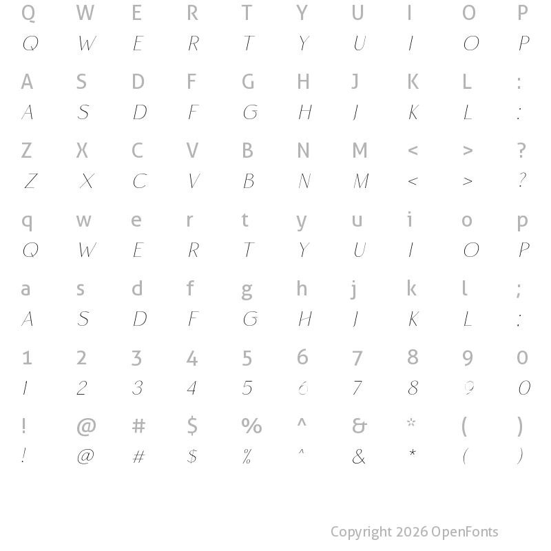Character Map of Rise of Beauty Thin Italic