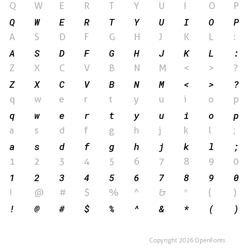 Character Map of Roboto Mono Medium Italic