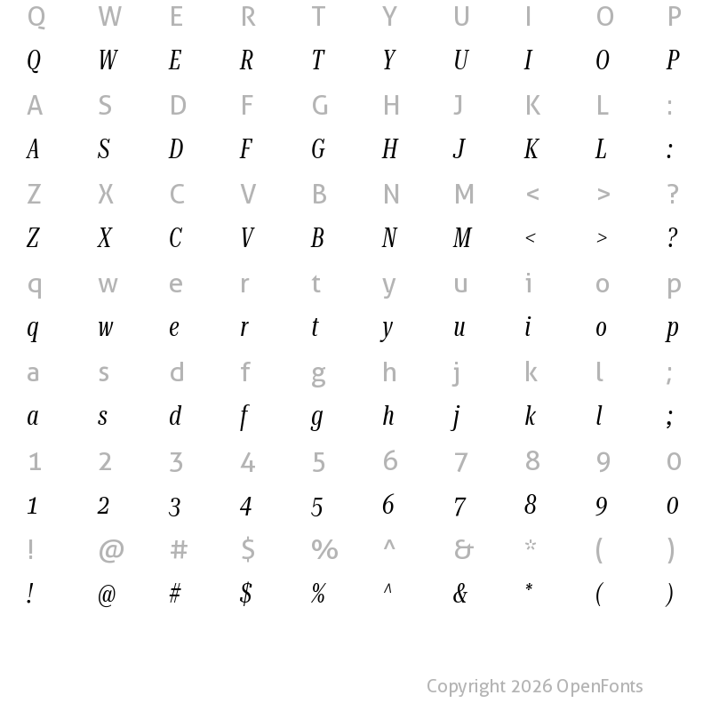 Character Map of Roboto Serif 120pt UltraCondensed Italic