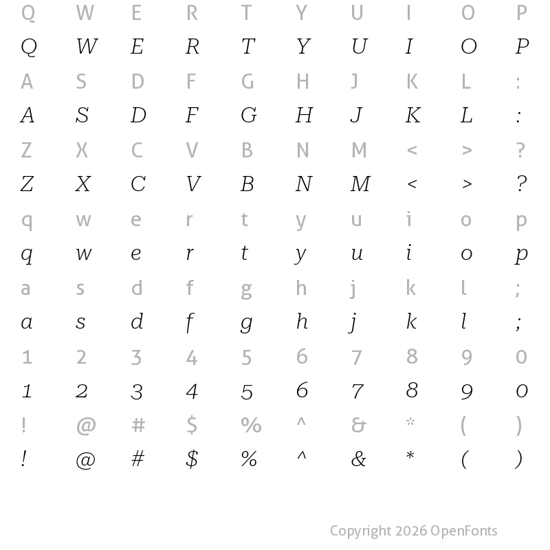Character Map of Roboto Serif 28pt Expanded ExtraLight Italic