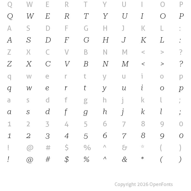 Character Map of Roboto Serif 36pt Expanded ExtraLight Italic