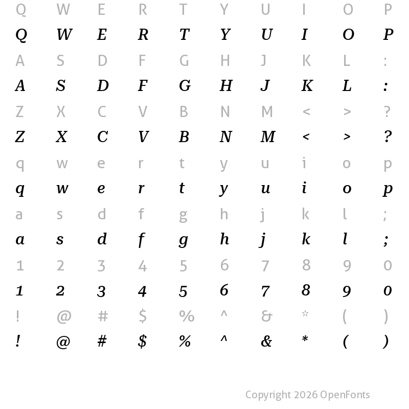 Character Map of Roboto Serif 36pt Medium Italic