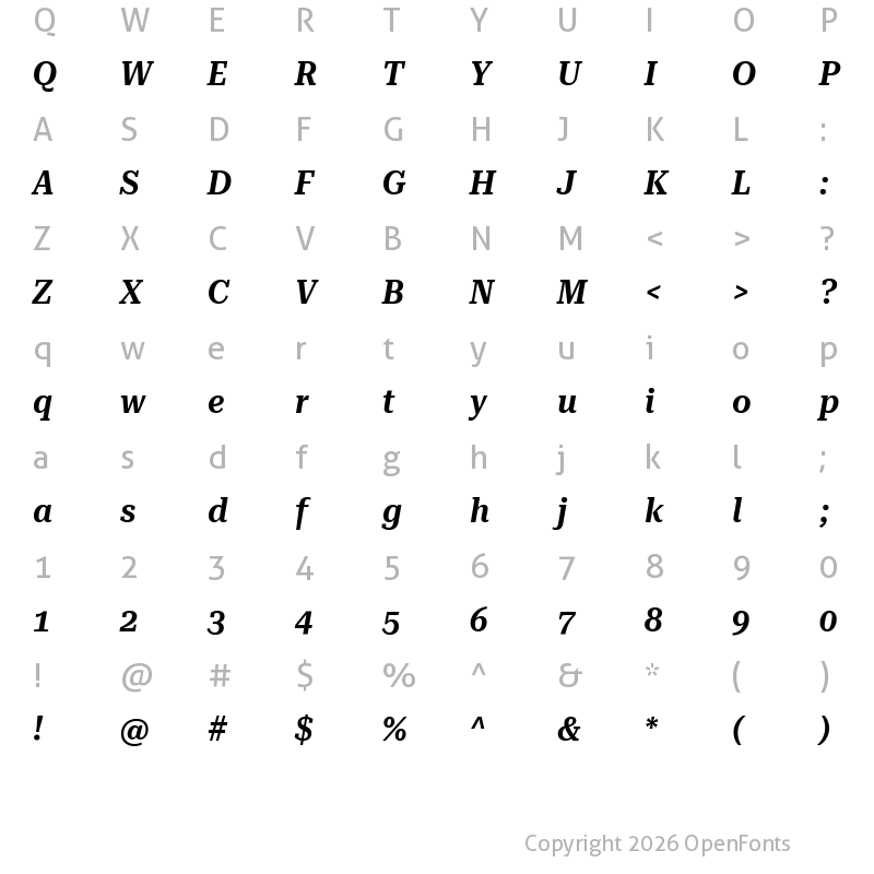 Character Map of Roboto Serif 36pt SemiCondensed SemiBold Italic
