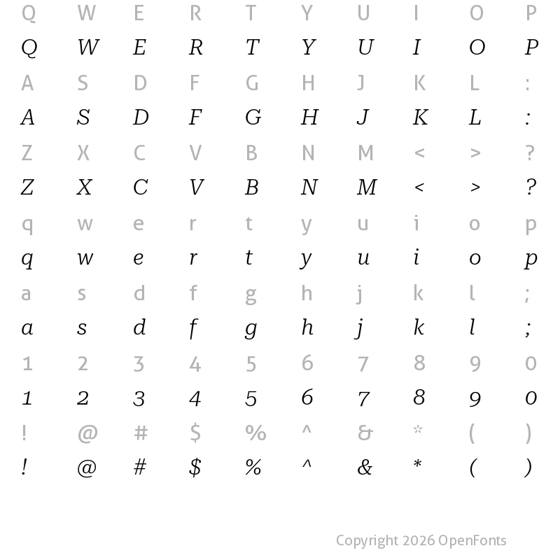 Character Map of Roboto Serif 36pt SemiExpanded Light Italic