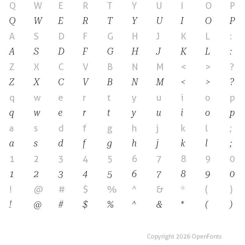 Character Map of Roboto Serif 72pt SemiCondensed ExtraLight Italic
