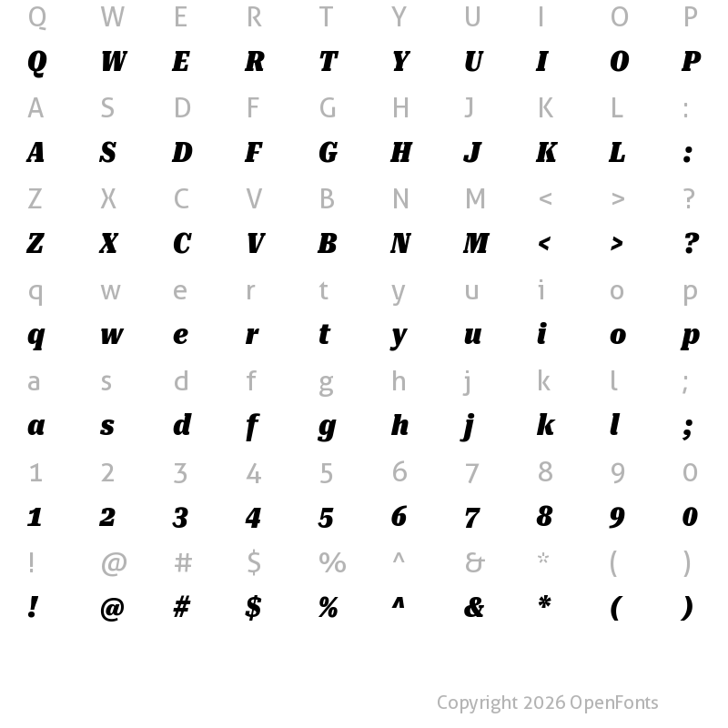 Character Map of Roboto Serif ExtraCondensed Black Italic