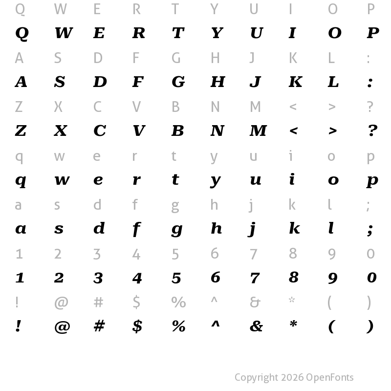 Character Map of Roboto Serif ExtraExpanded Bold Italic