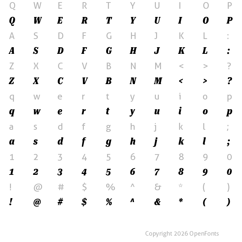 Character Map of Roboto Serif UltraCondensed ExtraBold Italic