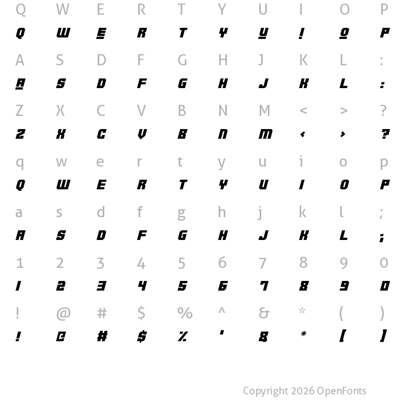 Character Map of Robotronica Italic