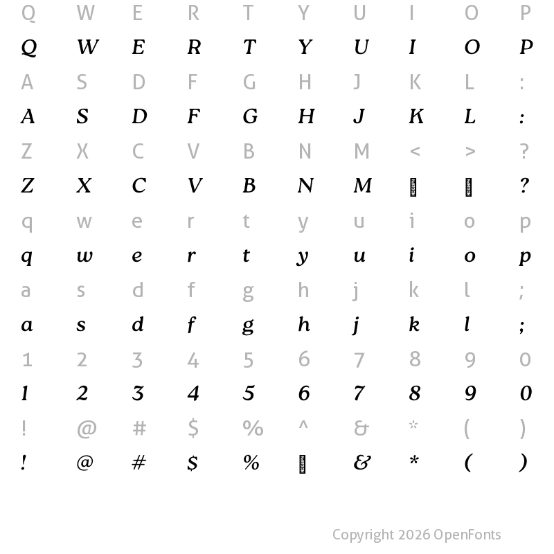 Character Map of Roca Regular Italic
