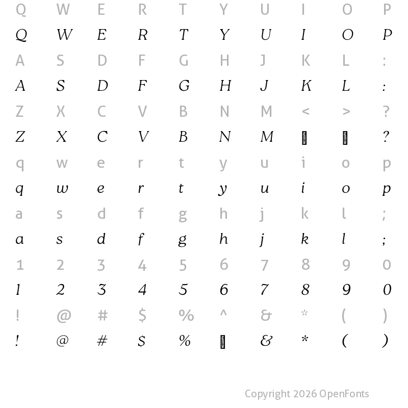 Character Map of Roca Thin Italic