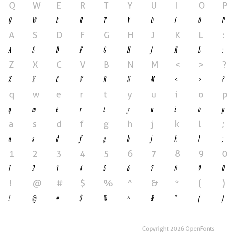 Character Map of Rocky Compressed Italic