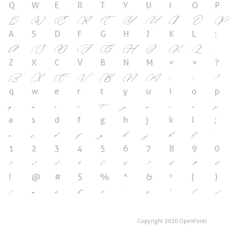Character Map of Rokuna Alenthush Script Italic