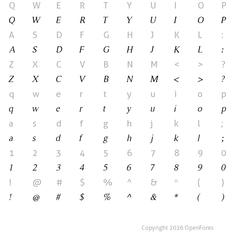 Character Map of RomanSerif Medium Italic