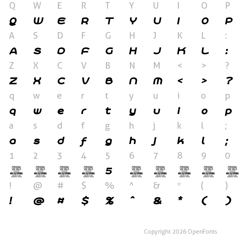 Character Map of Roona Sans Black PERSONAL Italic