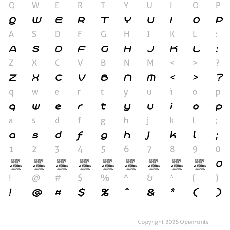 Character Map of Roona Sans Bold PERSONAL Italic